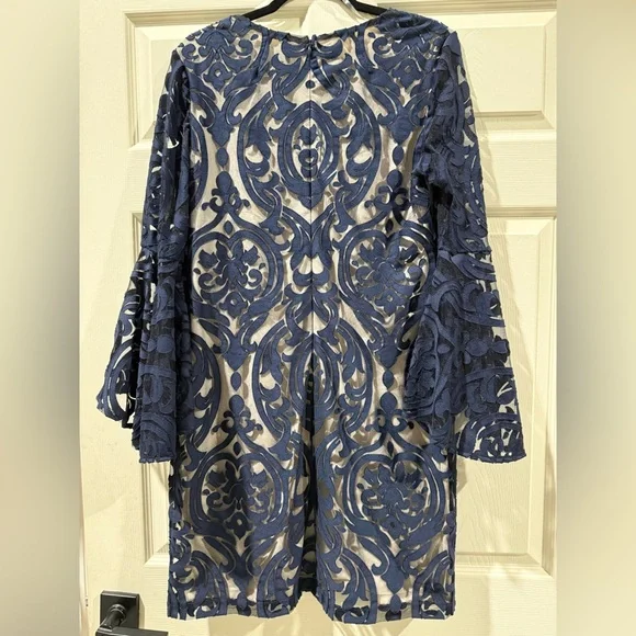 MSK Navy Blue Patterned bell Sleeve Dress with nude lining - Picture 7 of 9